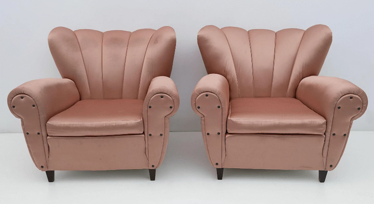 Pair of wood and satin armchairs in the style of Guglielmo Ulrich, 1950s 2