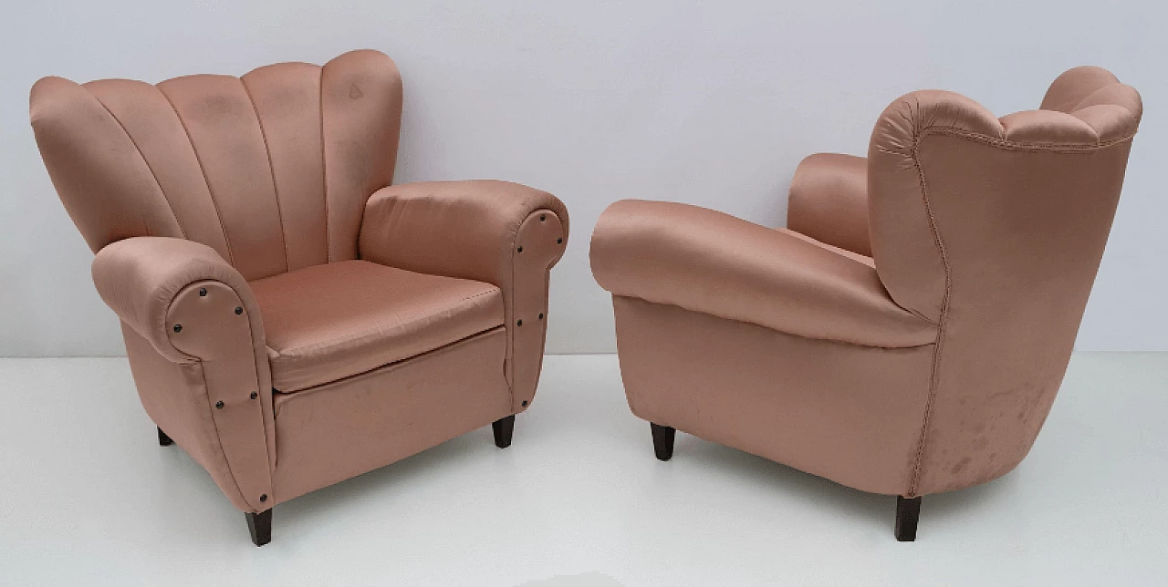 Pair of wood and satin armchairs in the style of Guglielmo Ulrich, 1950s 3