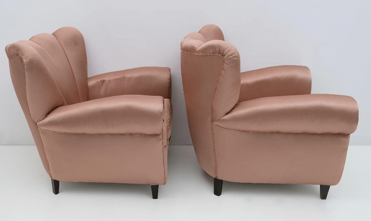 Pair of wood and satin armchairs in the style of Guglielmo Ulrich, 1950s 6
