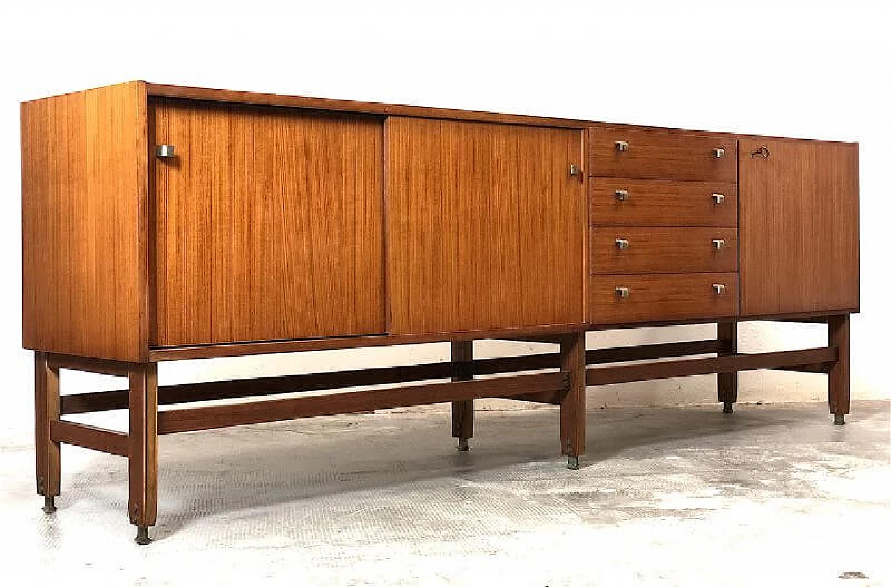 Teak veneered wood sideboard with brass details, 1960s 2