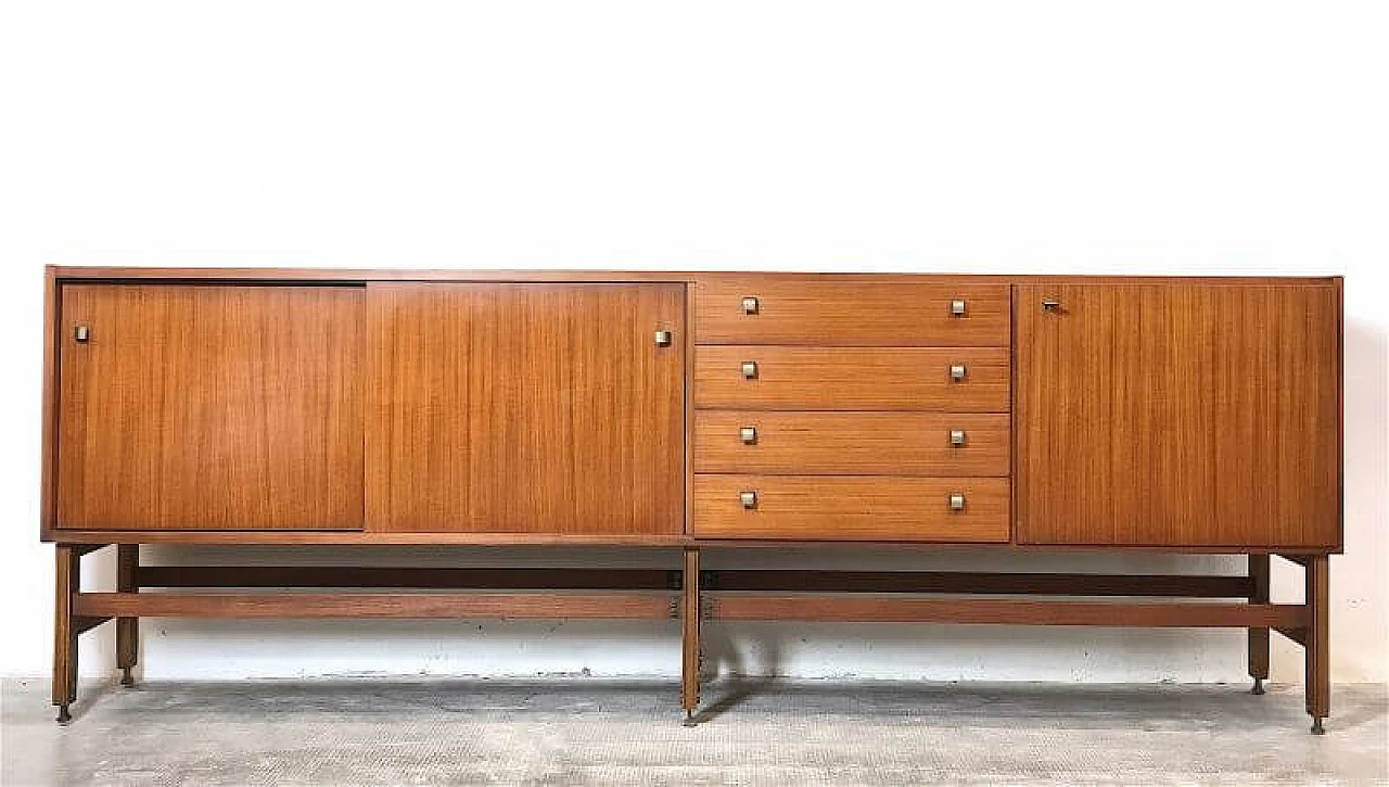 Teak veneered wood sideboard with brass details, 1960s 3