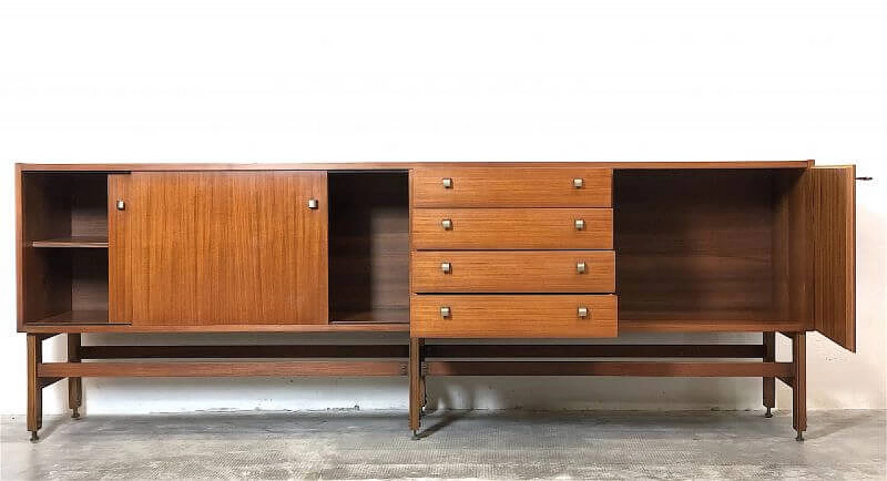 Teak veneered wood sideboard with brass details, 1960s 4