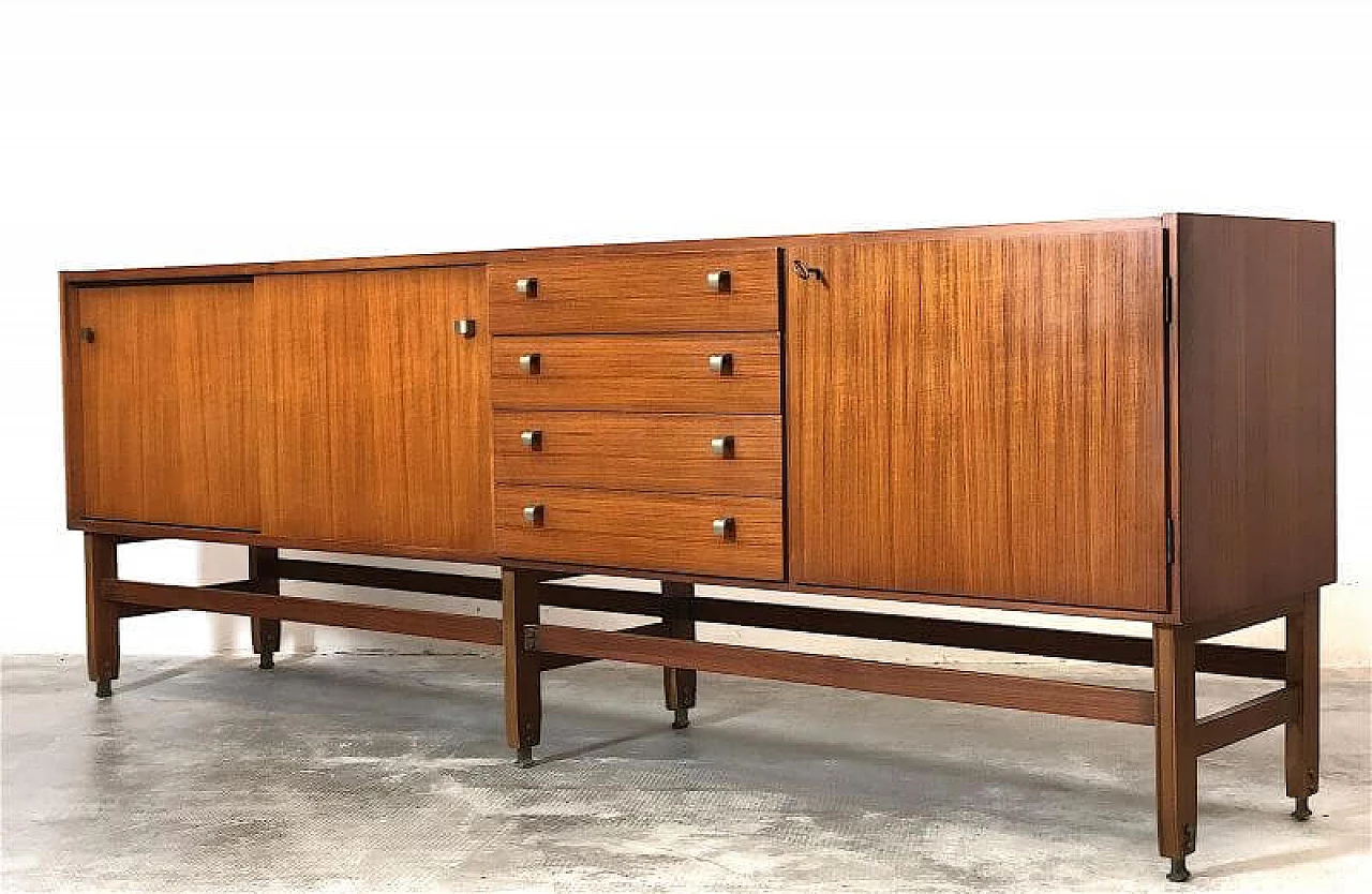 Teak veneered wood sideboard with brass details, 1960s 5