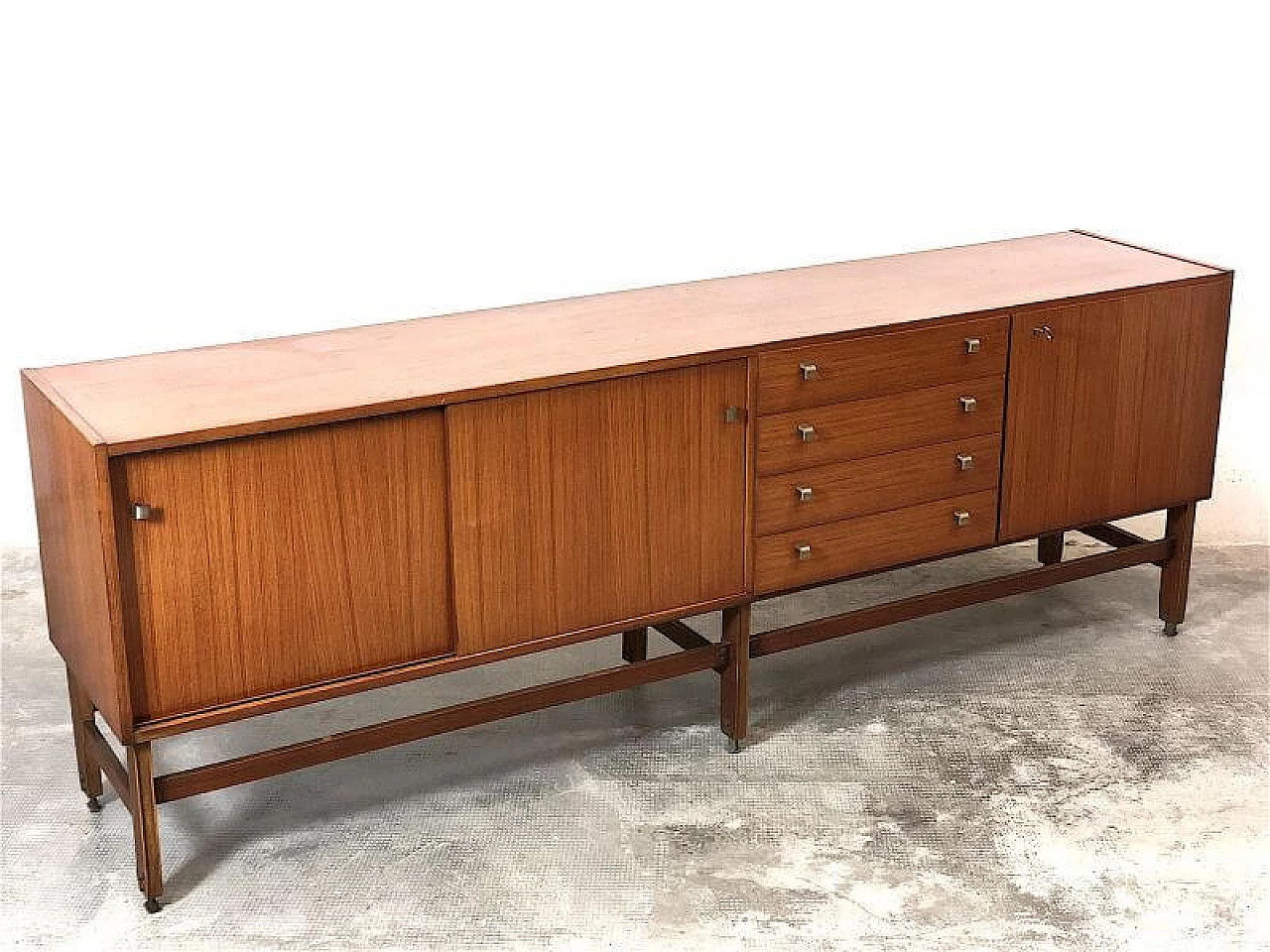 Teak veneered wood sideboard with brass details, 1960s 9