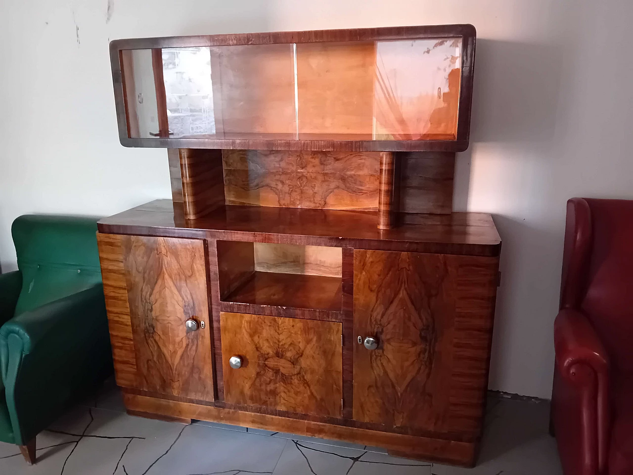 Art Deco sideboard in burl and Makassar ebony with display cabinet, 1940s 1