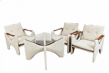 3 Fabric and wood armchairs with coffee table, 1975