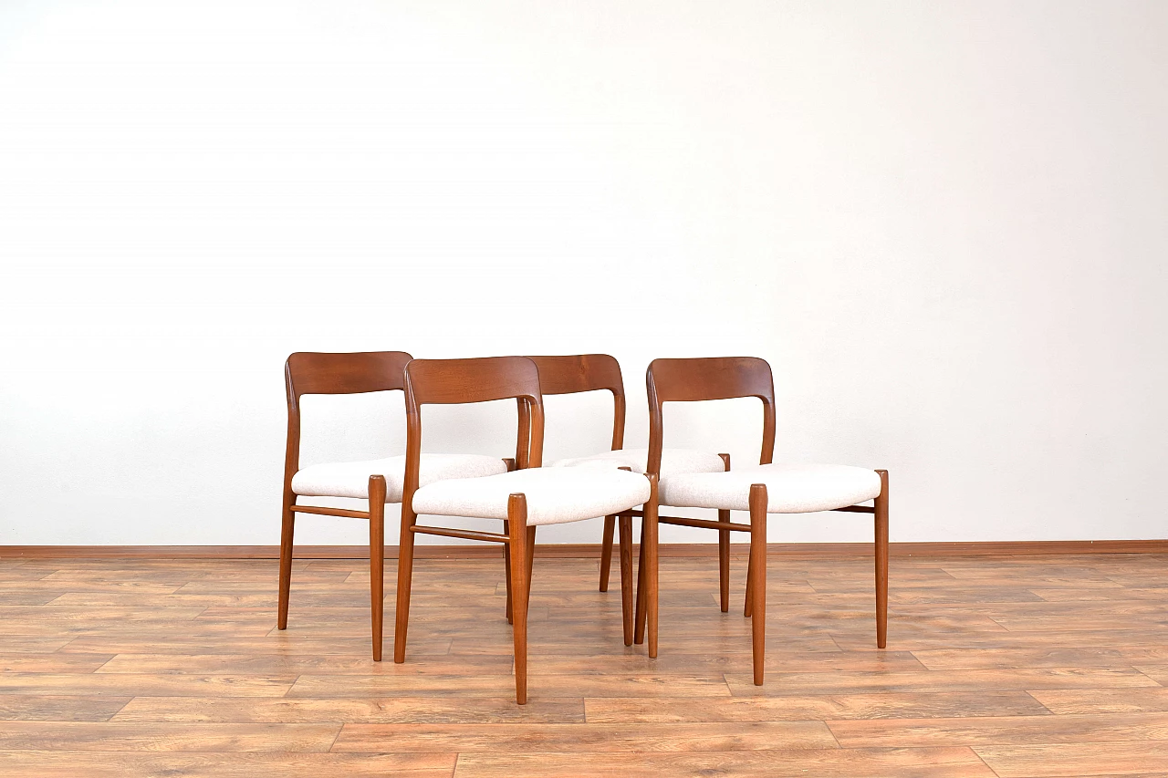4 Chairs 75 in solid teak and leather by N. O. Møller for J.L. Møller, 1960s 1