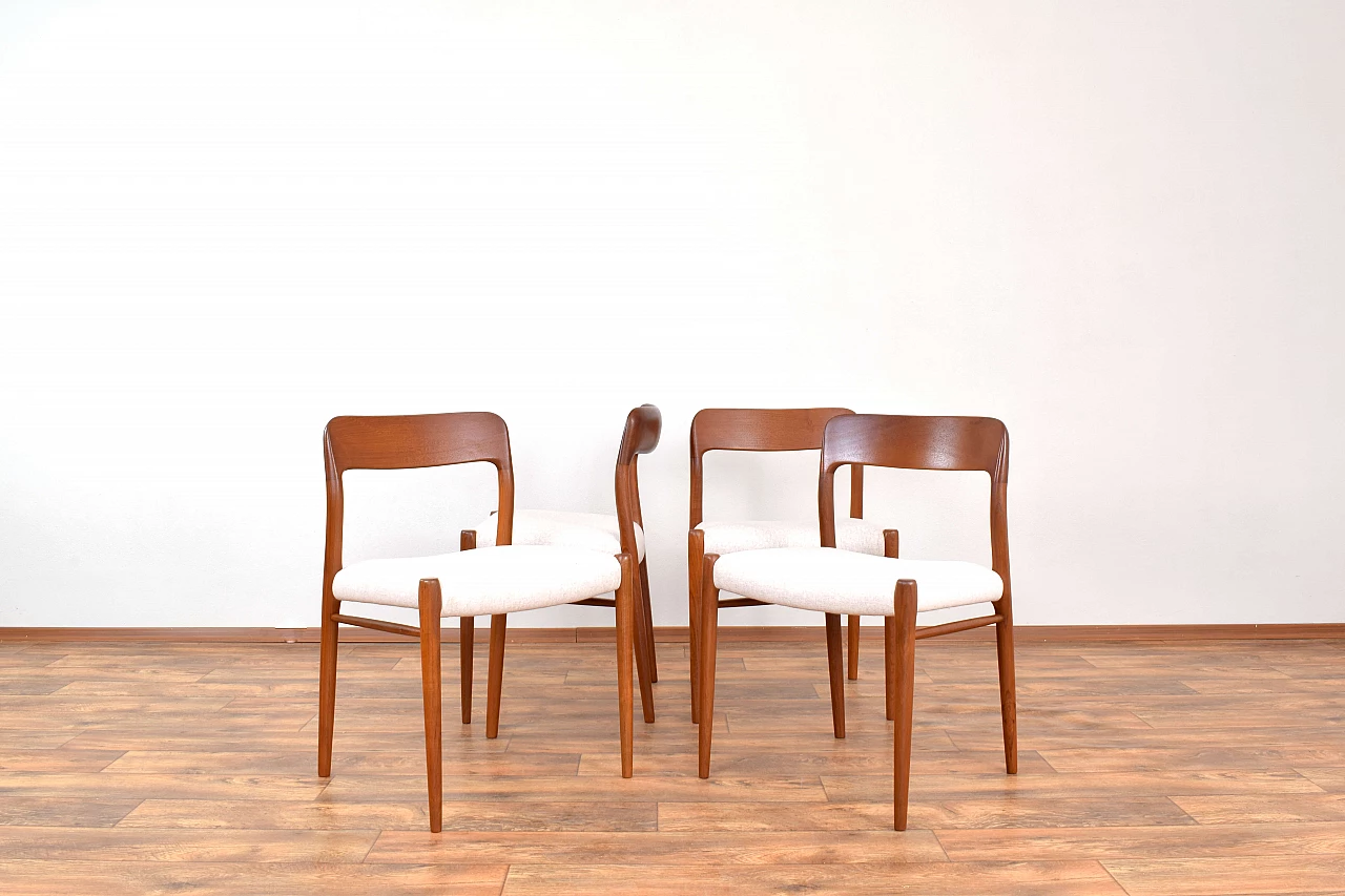 4 Chairs 75 in solid teak and leather by N. O. Møller for J.L. Møller, 1960s 2