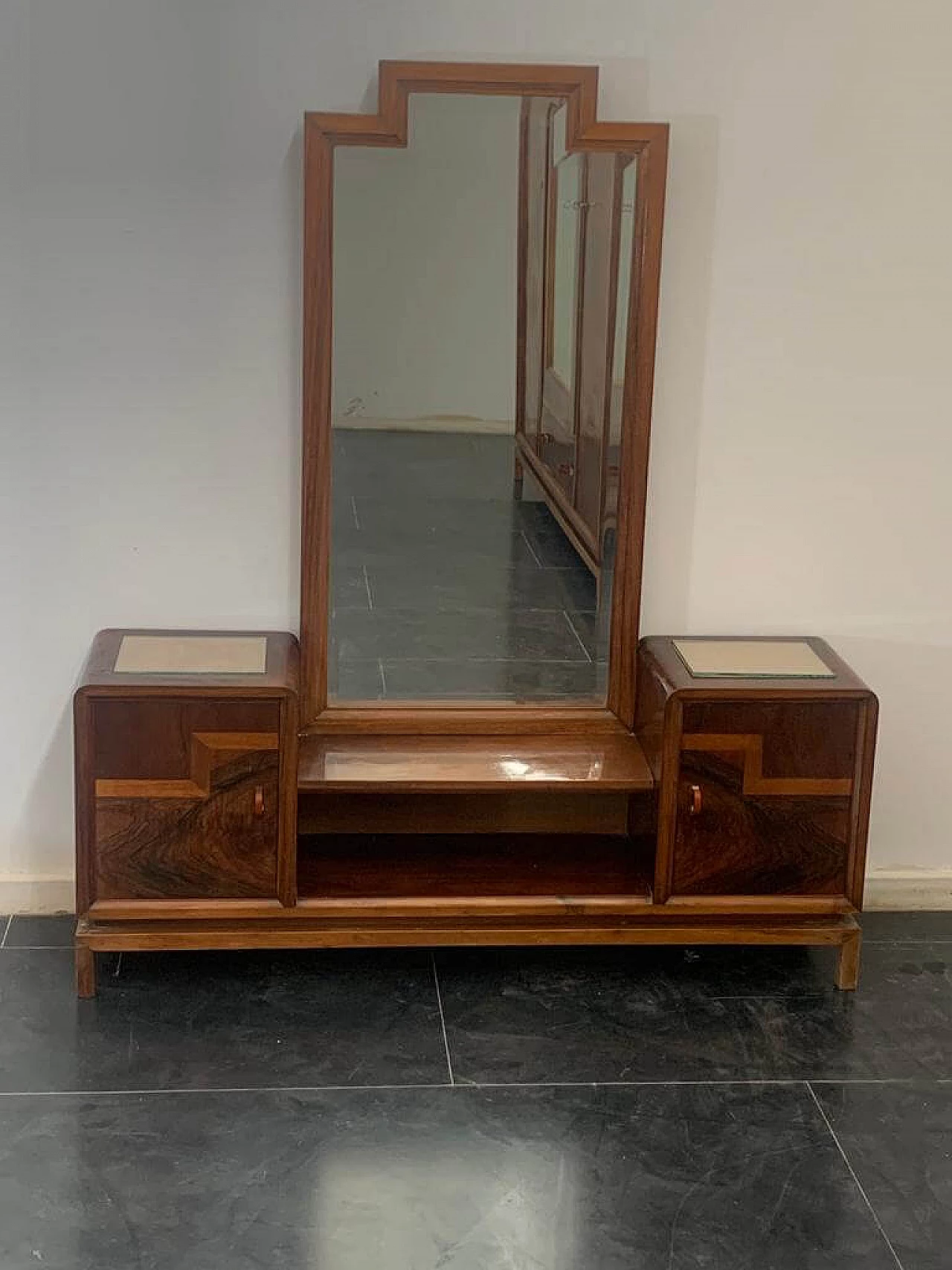 Toeletta con specchiera in noce, radica di noce e acero, anni '30 1