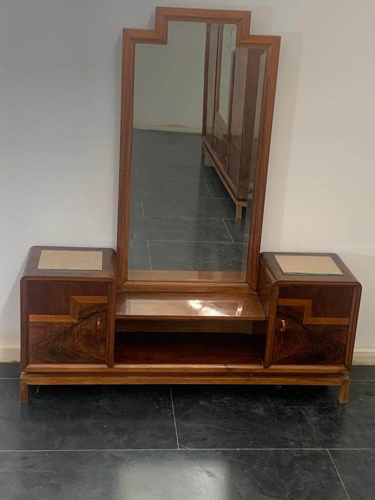 Toeletta con specchiera in noce, radica di noce e acero, anni '30 3