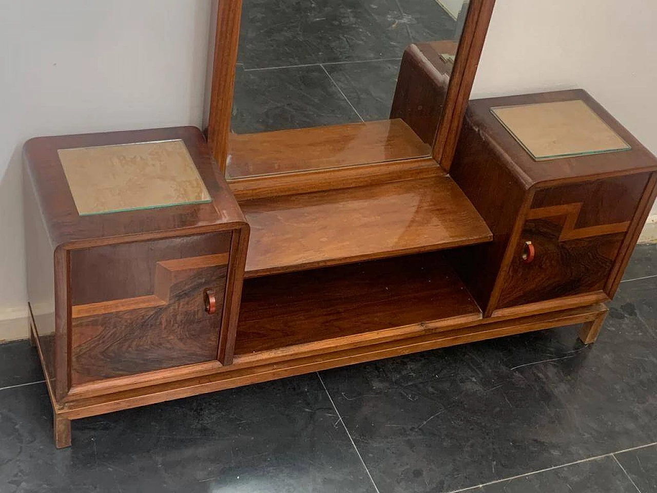 Toeletta con specchiera in noce, radica di noce e acero, anni '30 4