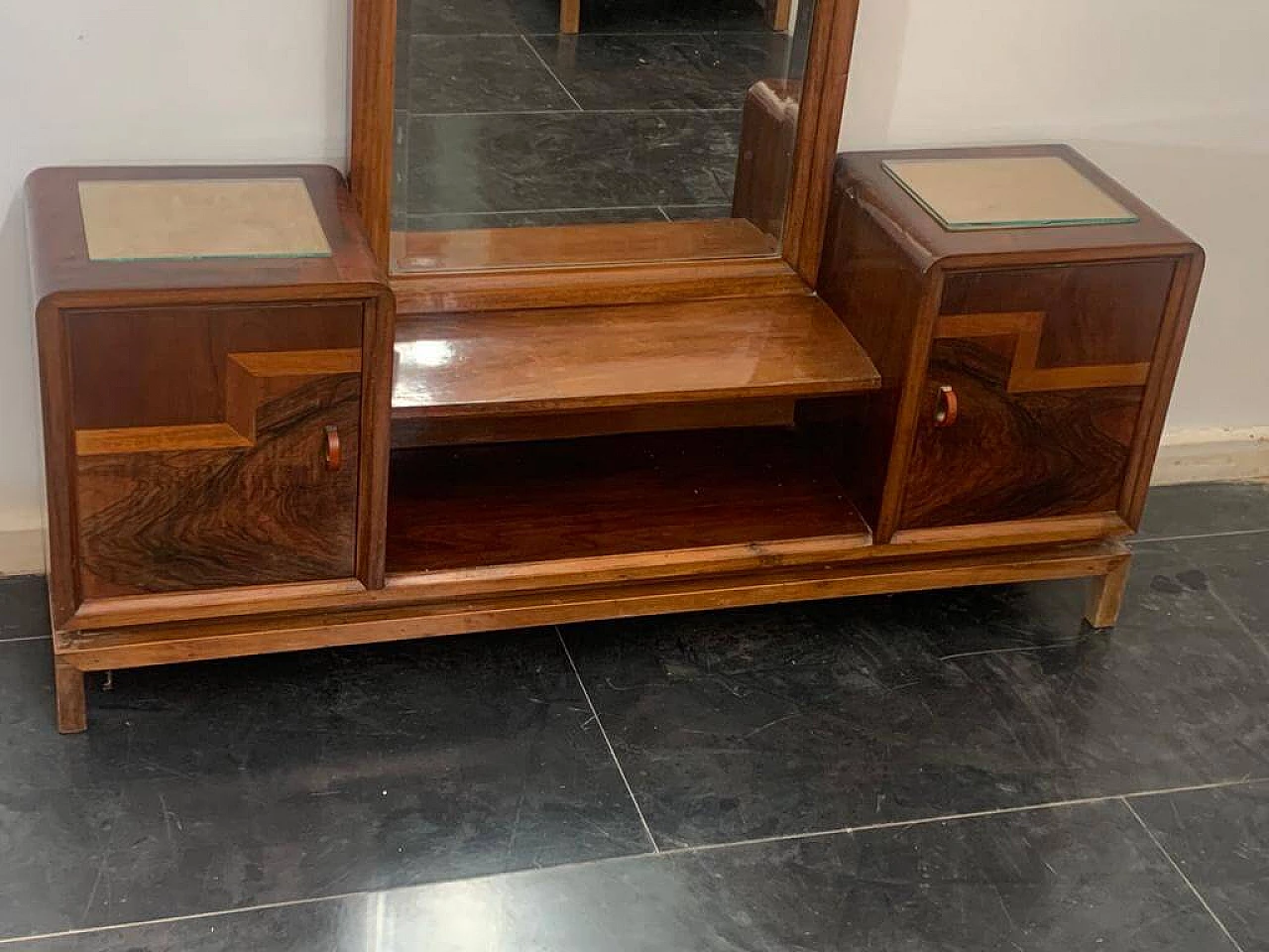 Toeletta con specchiera in noce, radica di noce e acero, anni '30 9