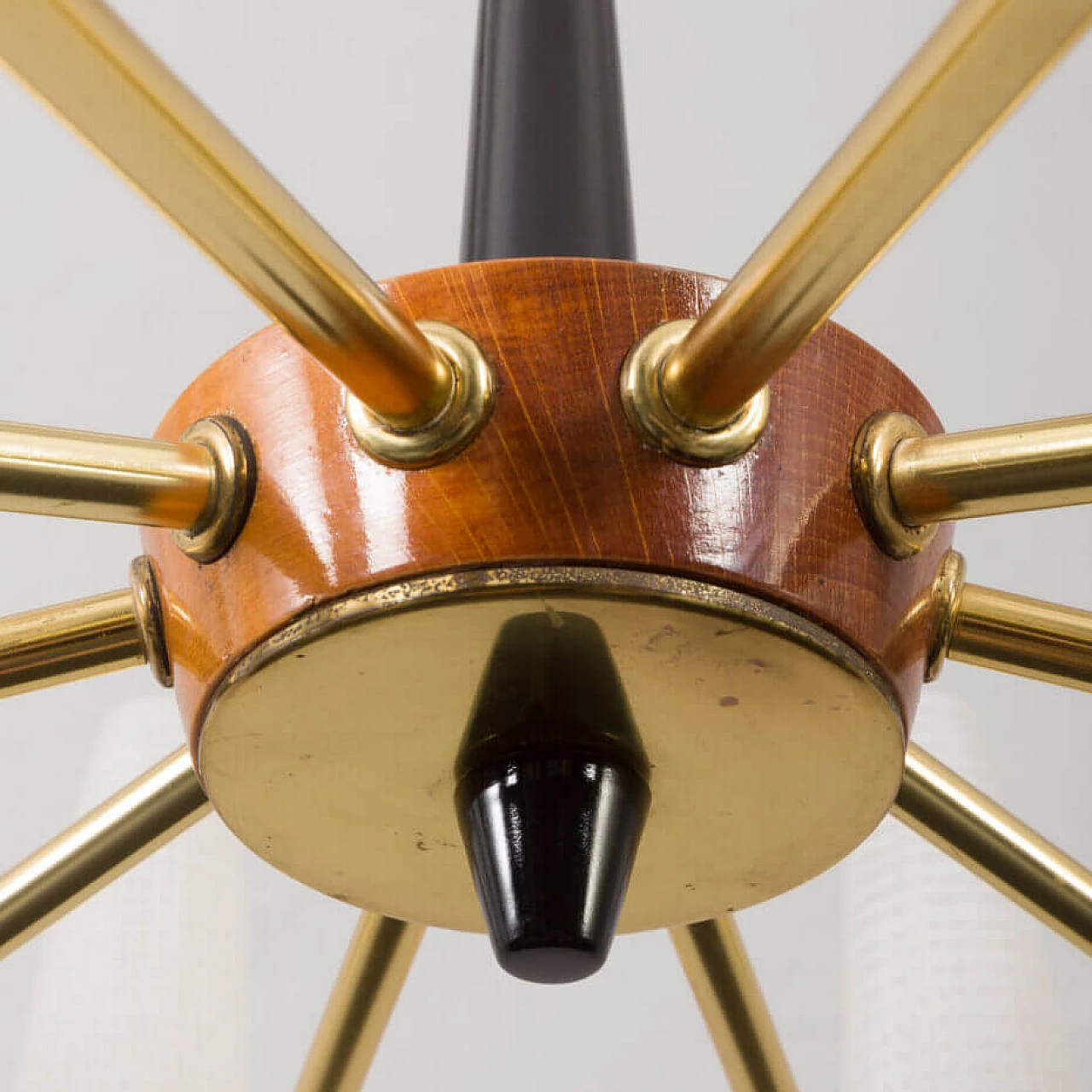Lampadario in ottone stile Arlus con paralumi in vetro opalino fatti a mano, anni '60 7