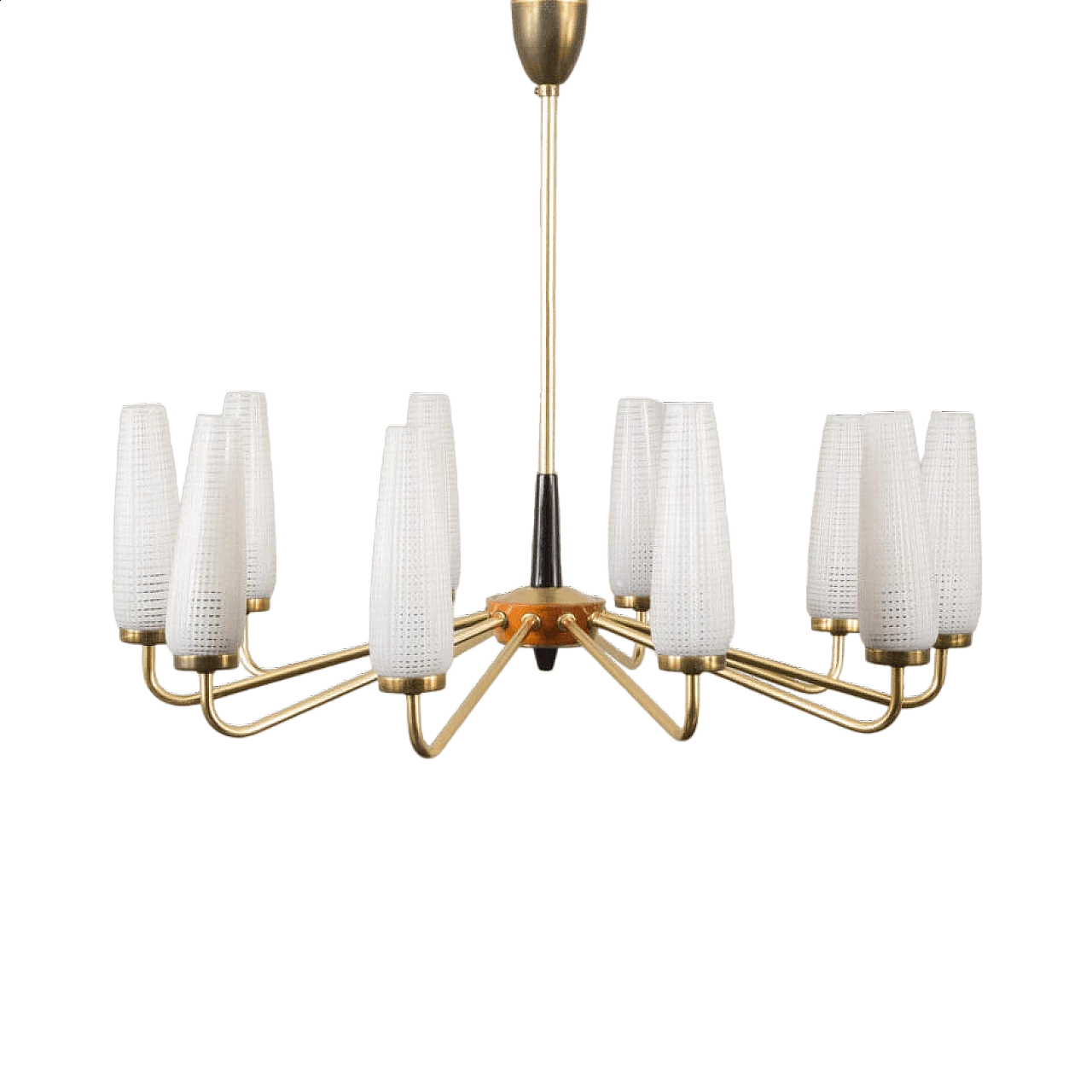 Lampadario in ottone stile Arlus con paralumi in vetro opalino fatti a mano, anni '60 15