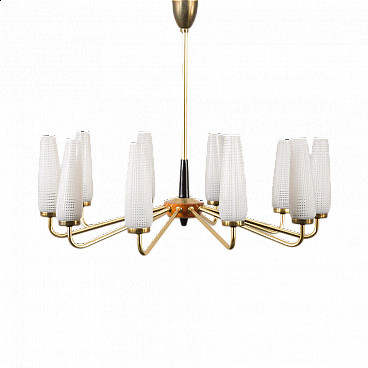 Arlus-style brass chandelier with hand-made opaline glass shades, 1960s