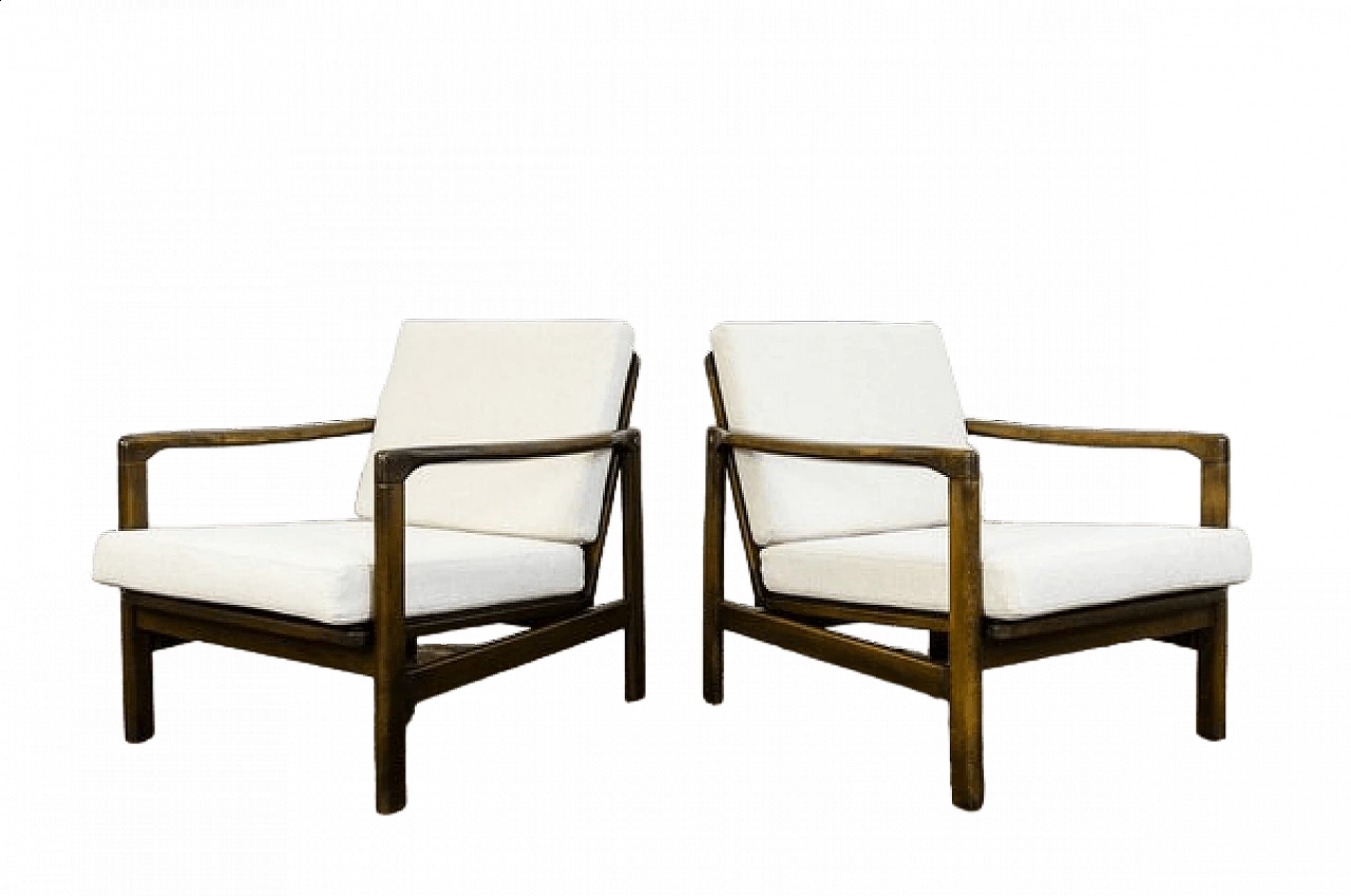 Pair of beech and beige fabric B-7522 armchairs by Zenon Bączyk for SFM, 1960s 16