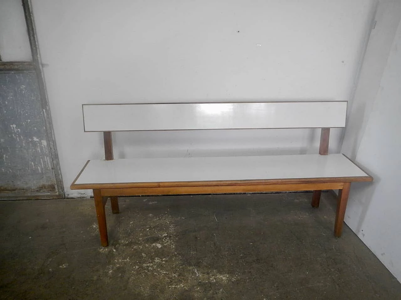 Cherry wood and white formica bench, 1950s 1