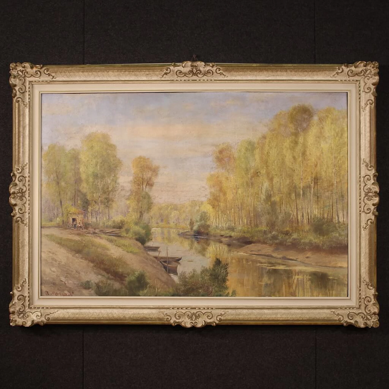 A. Corradi, Paesaggio fluviale, olio su masonite, anni '50 1