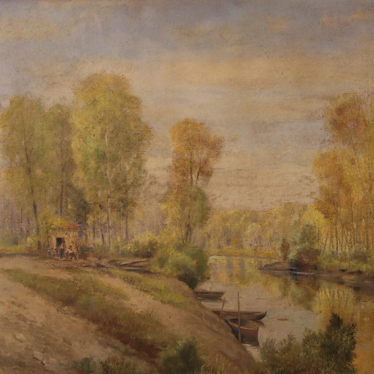 A. Corradi, Paesaggio fluviale, olio su masonite, anni '50 3