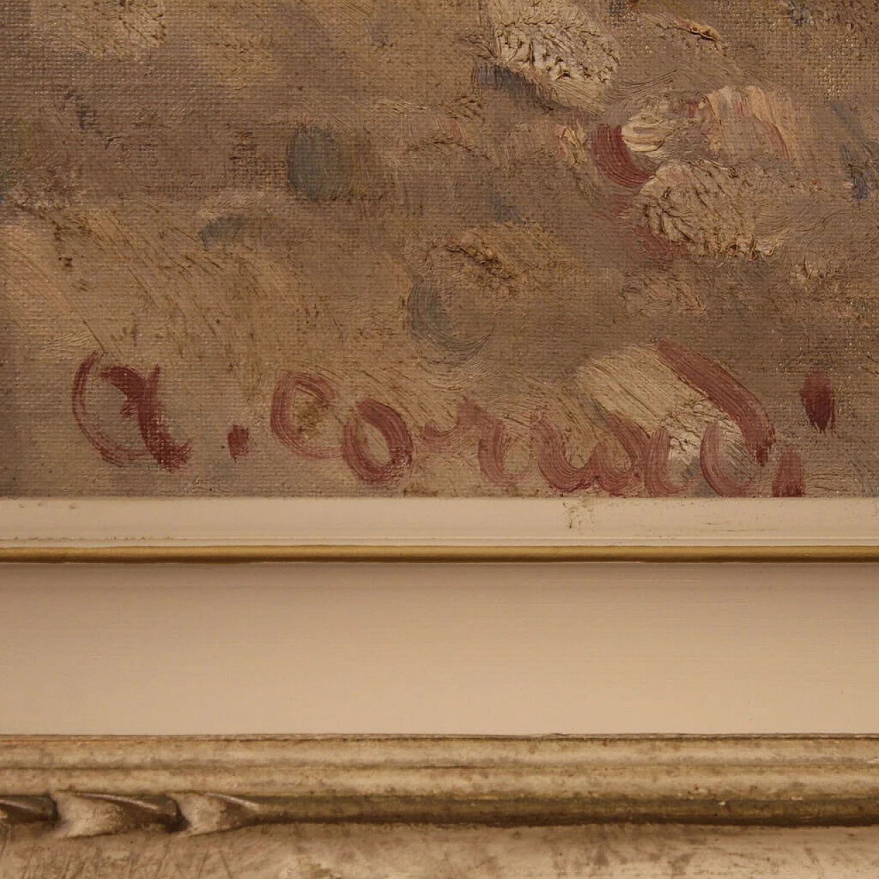 A. Corradi, Paesaggio fluviale, olio su masonite, anni '50 4