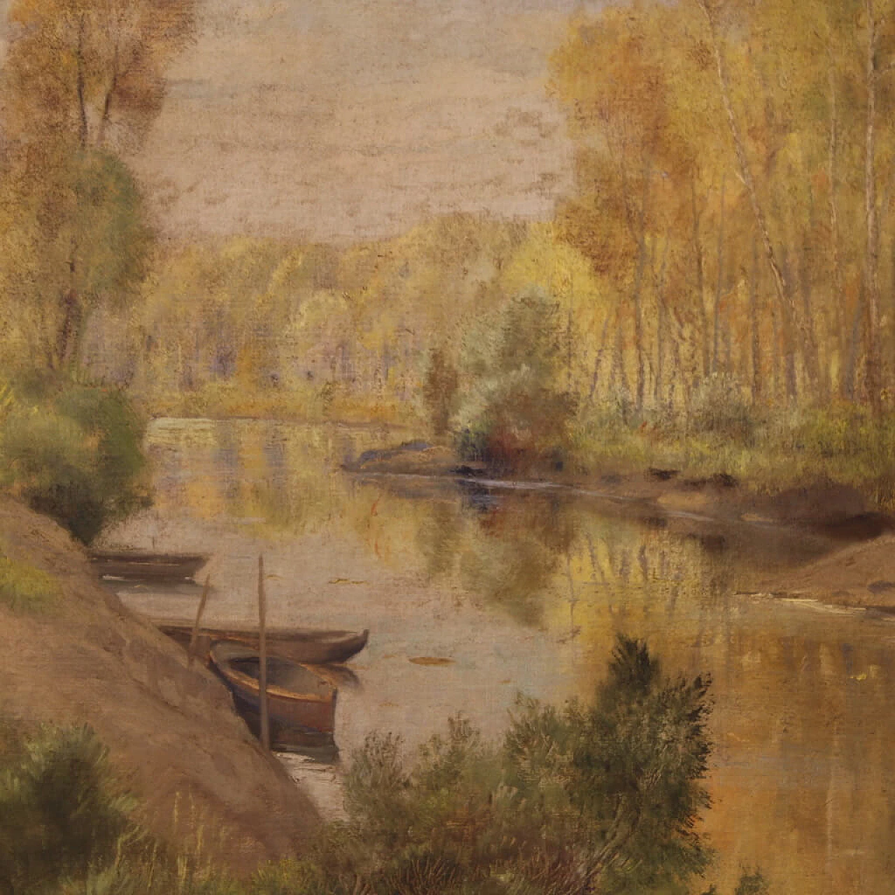 A. Corradi, Paesaggio fluviale, olio su masonite, anni '50 9
