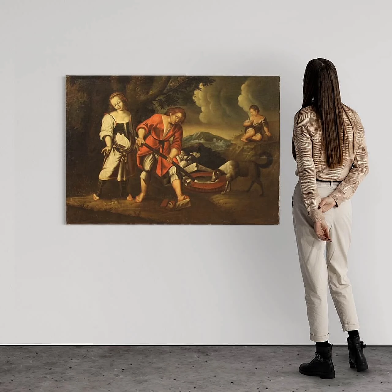 Paesaggio con figure e animali al pozzo, olio su tela, '700 1