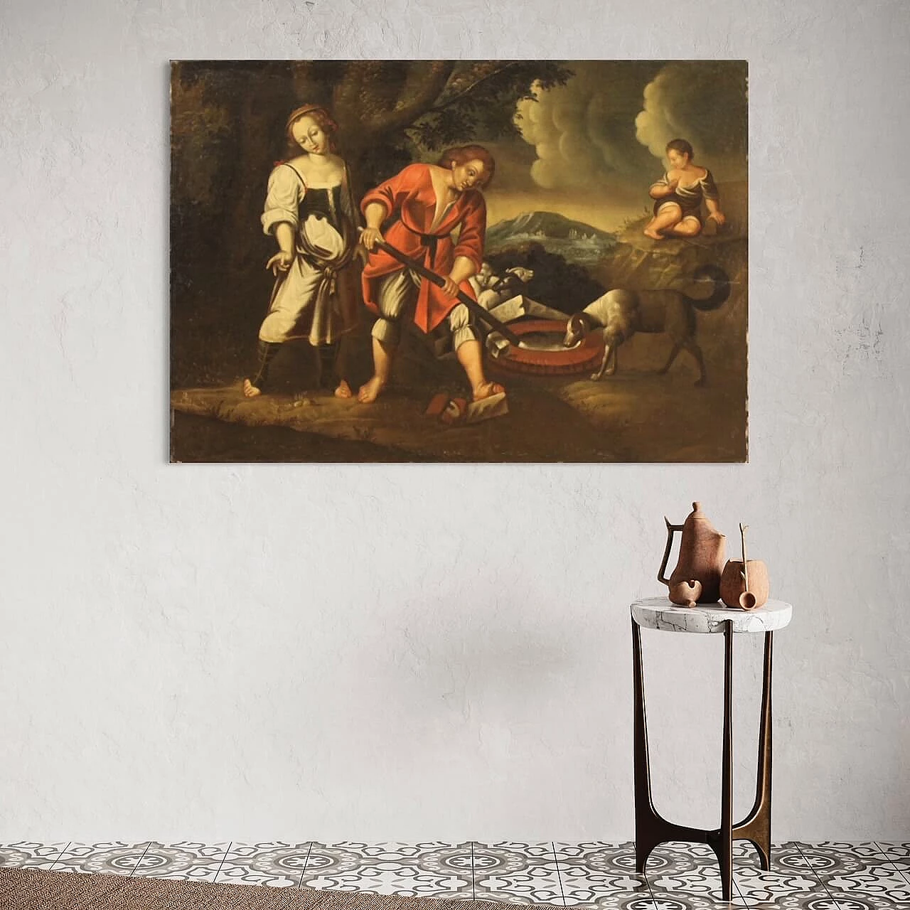 Paesaggio con figure e animali al pozzo, olio su tela, '700 2