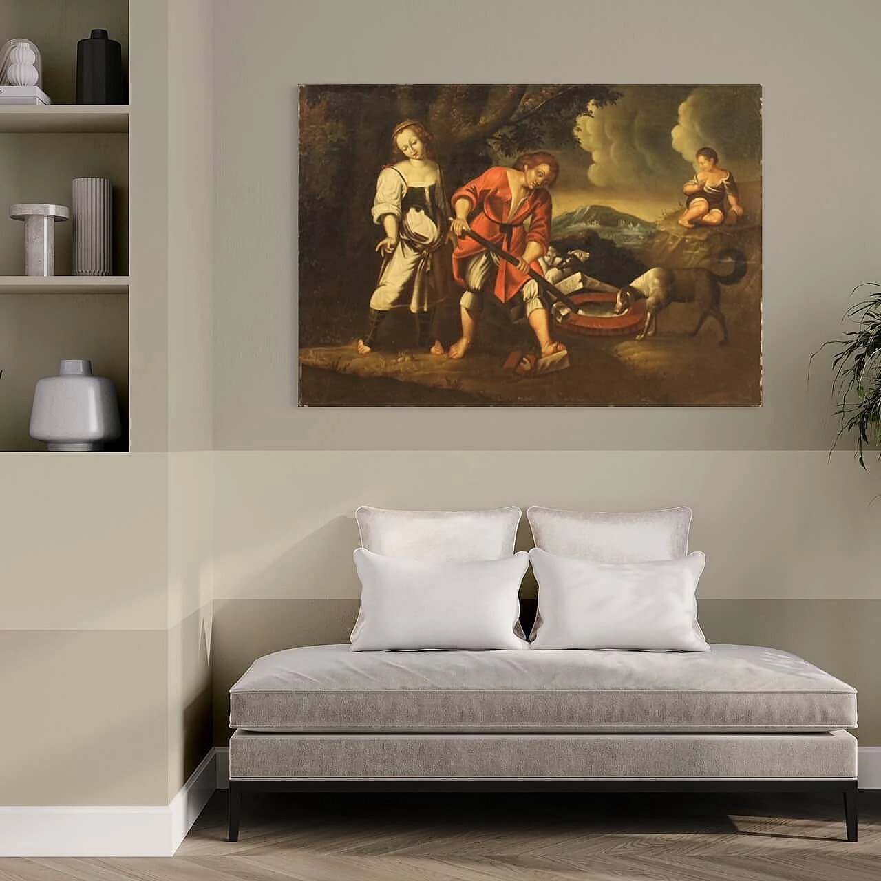 Paesaggio con figure e animali al pozzo, olio su tela, '700 3