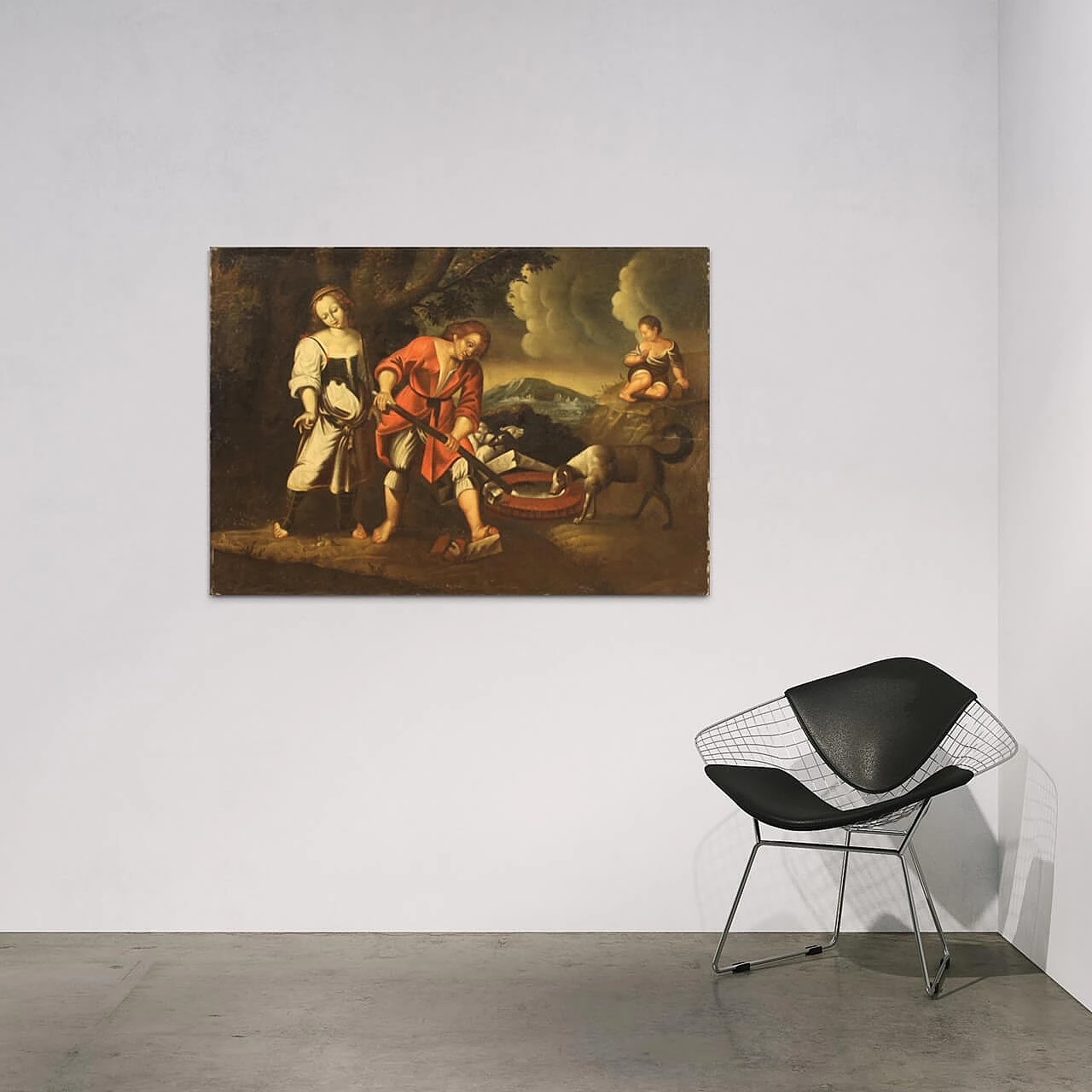 Paesaggio con figure e animali al pozzo, olio su tela, '700 4