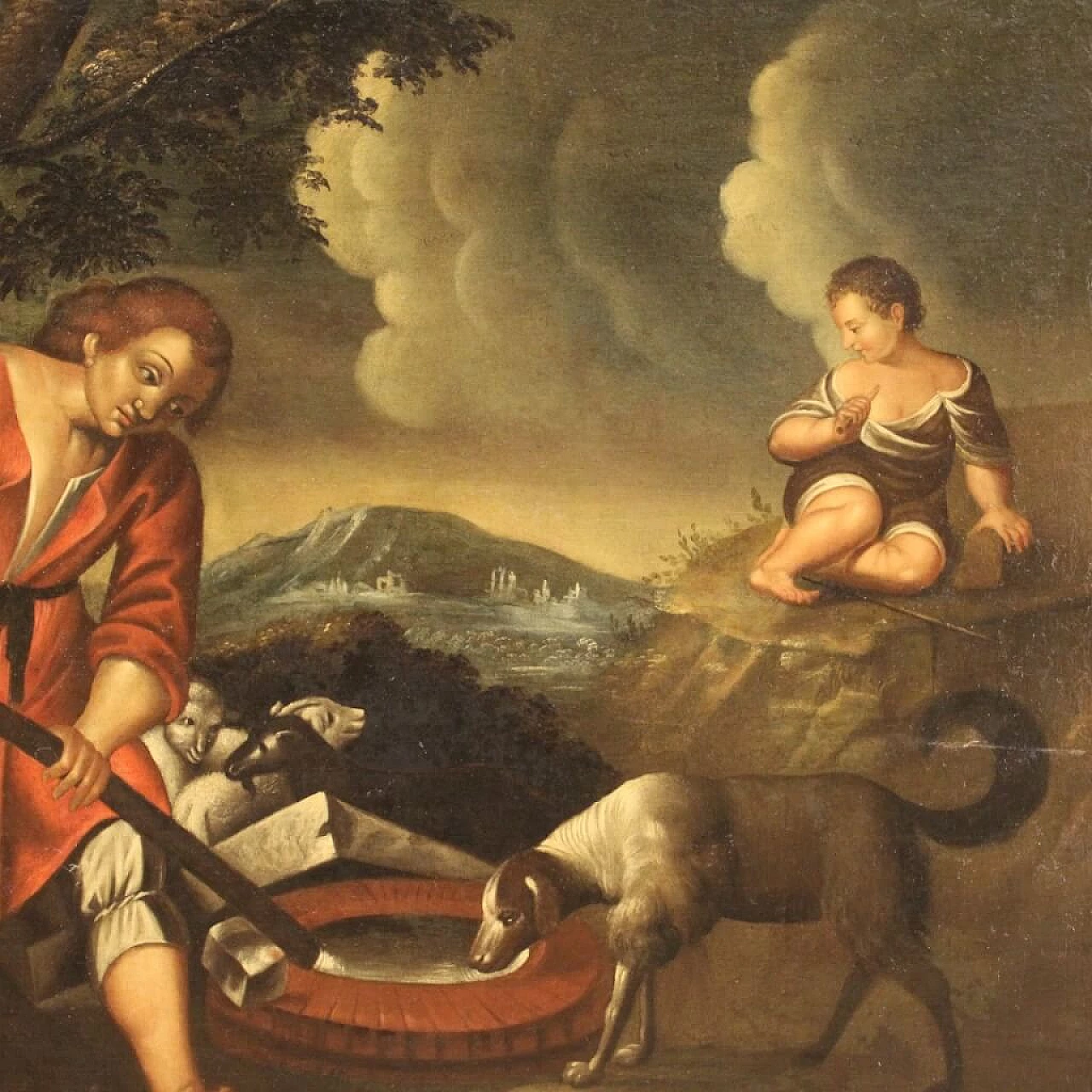 Paesaggio con figure e animali al pozzo, olio su tela, '700 8