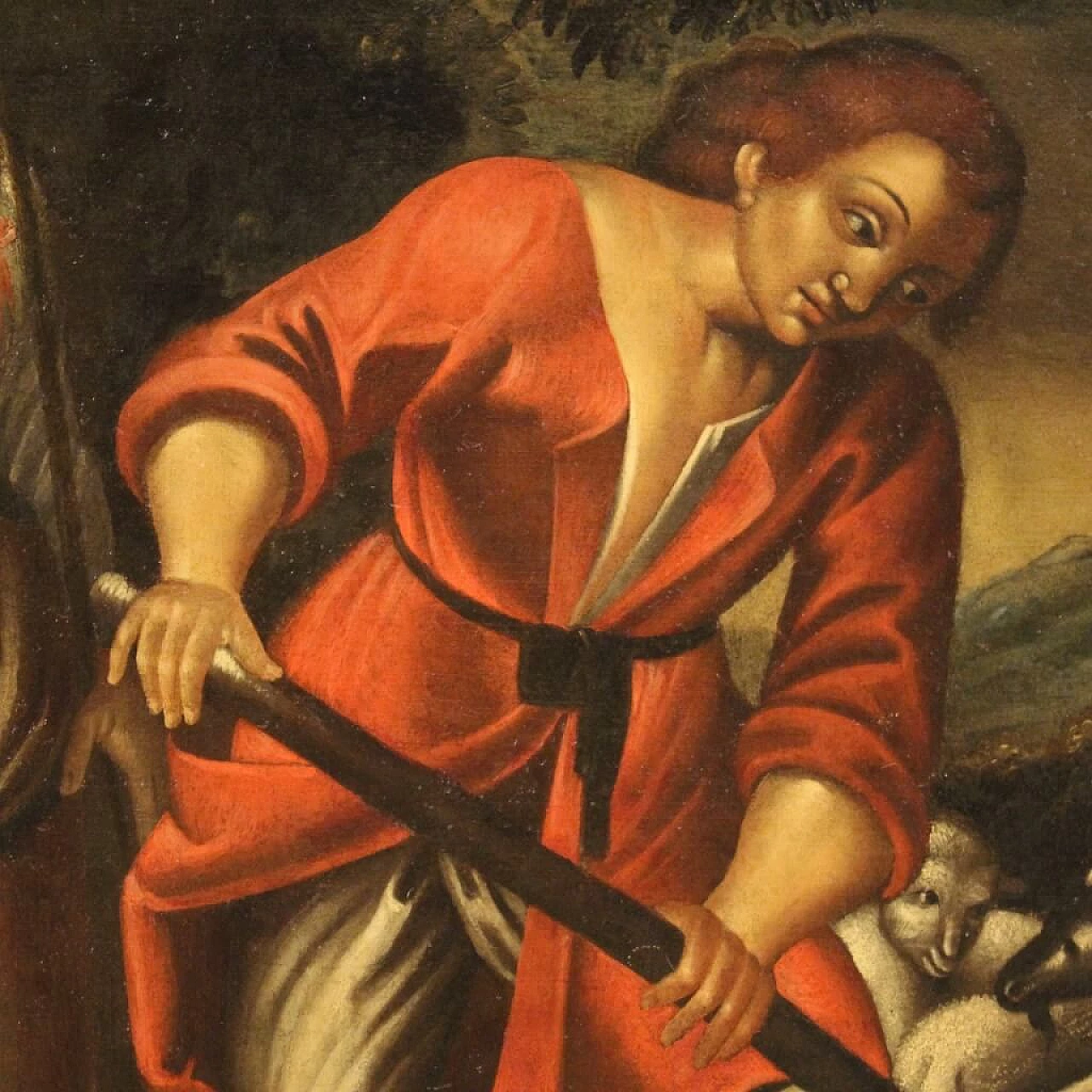 Paesaggio con figure e animali al pozzo, olio su tela, '700 10