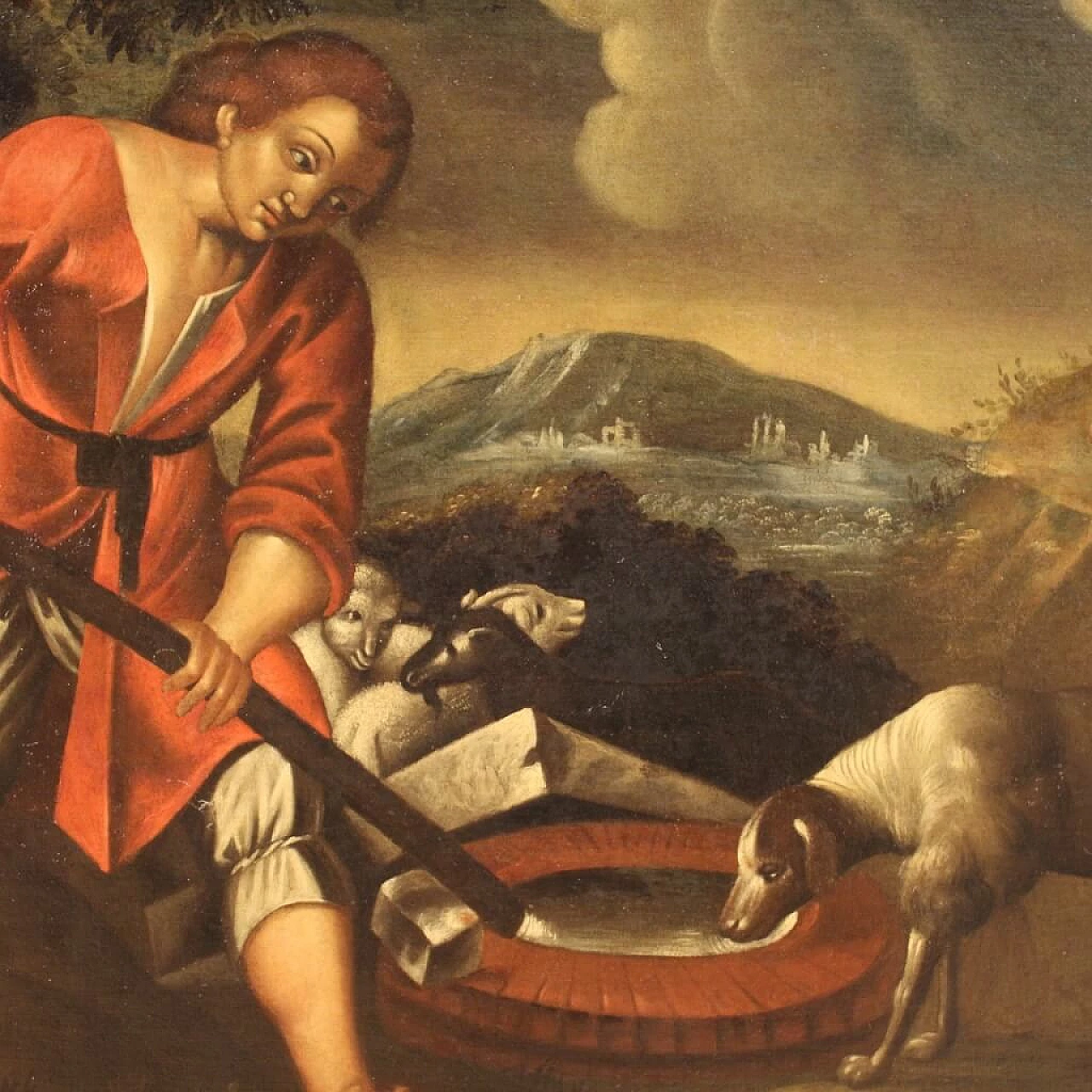 Paesaggio con figure e animali al pozzo, olio su tela, '700 12