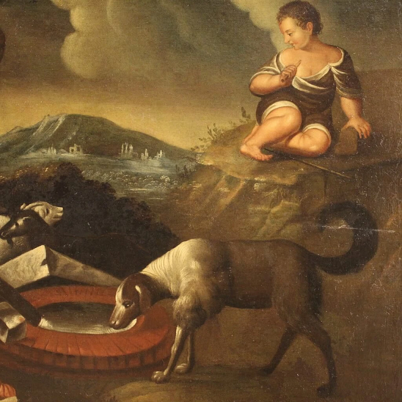 Paesaggio con figure e animali al pozzo, olio su tela, '700 13