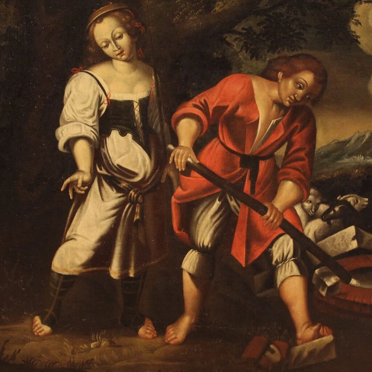 Paesaggio con figure e animali al pozzo, olio su tela, '700 14