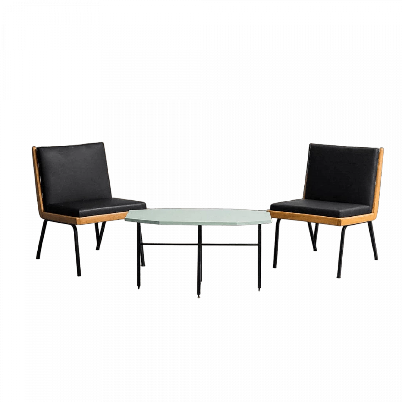 Pair of wooden and skai armchairs and coffee table in sage green wood, 1960s 13