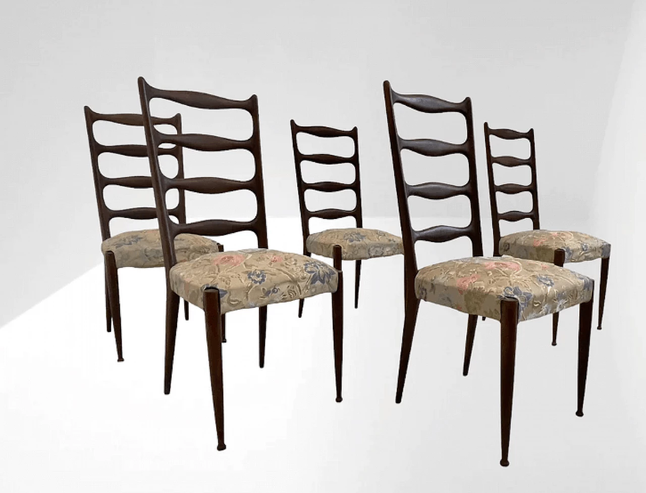5 Sedie in mogano e tessuto di Paolo Buffa, anni '50 1