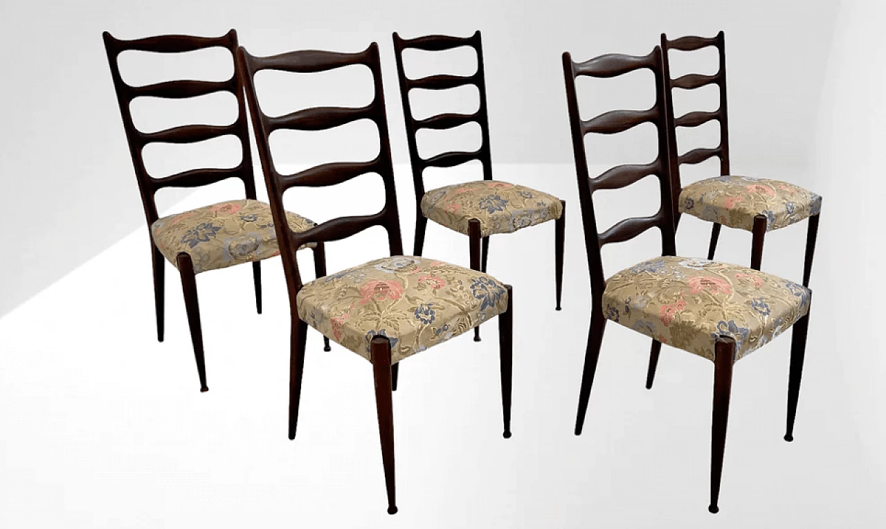 5 Chairs in mahogany and fabric by Paolo Buffa, 1950s 5