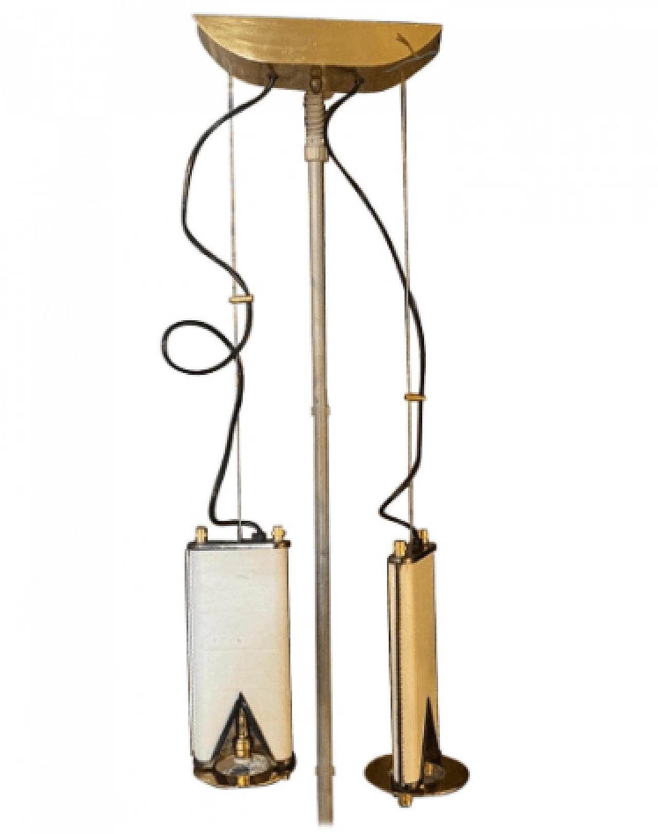 Lampadario a due luci in ottone e pelle, anni '80 1