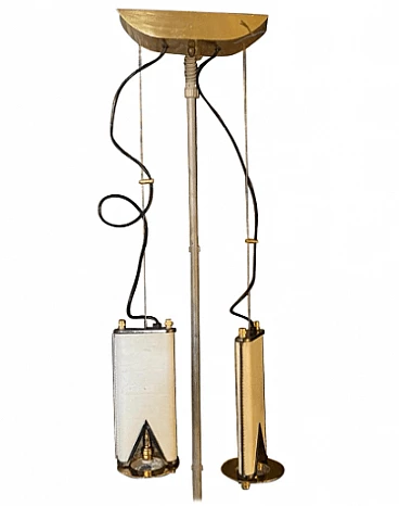 Lampadario a due luci in ottone e pelle, anni '80