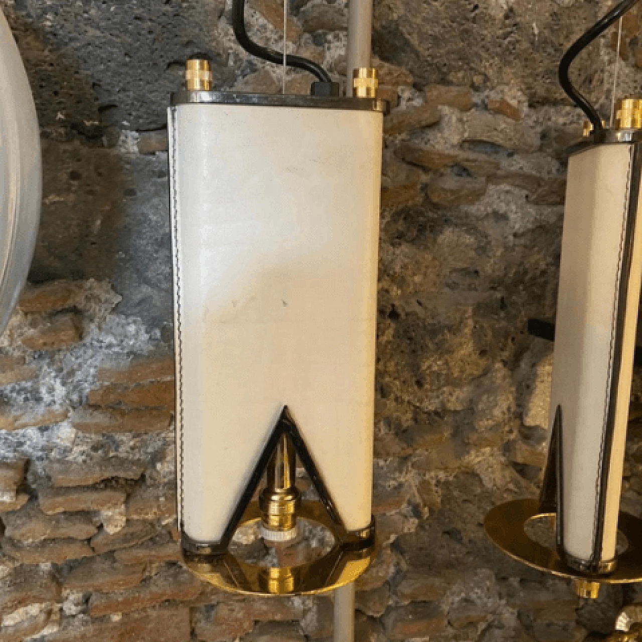 Lampadario a due luci in ottone e pelle, anni '80 3