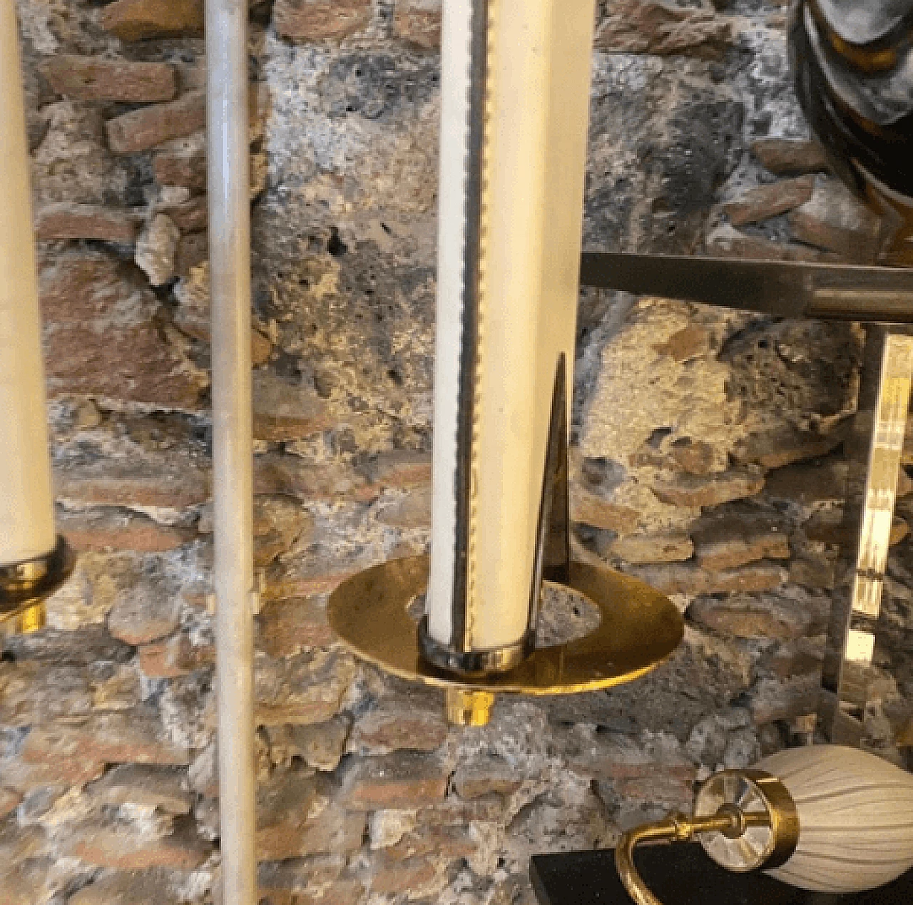 Lampadario a due luci in ottone e pelle, anni '80 4