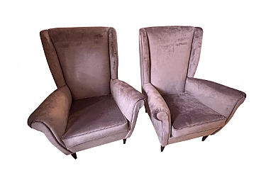 Pair of wood and wisteria velvet 512 armchairs by ISA Bergamo, 1950s