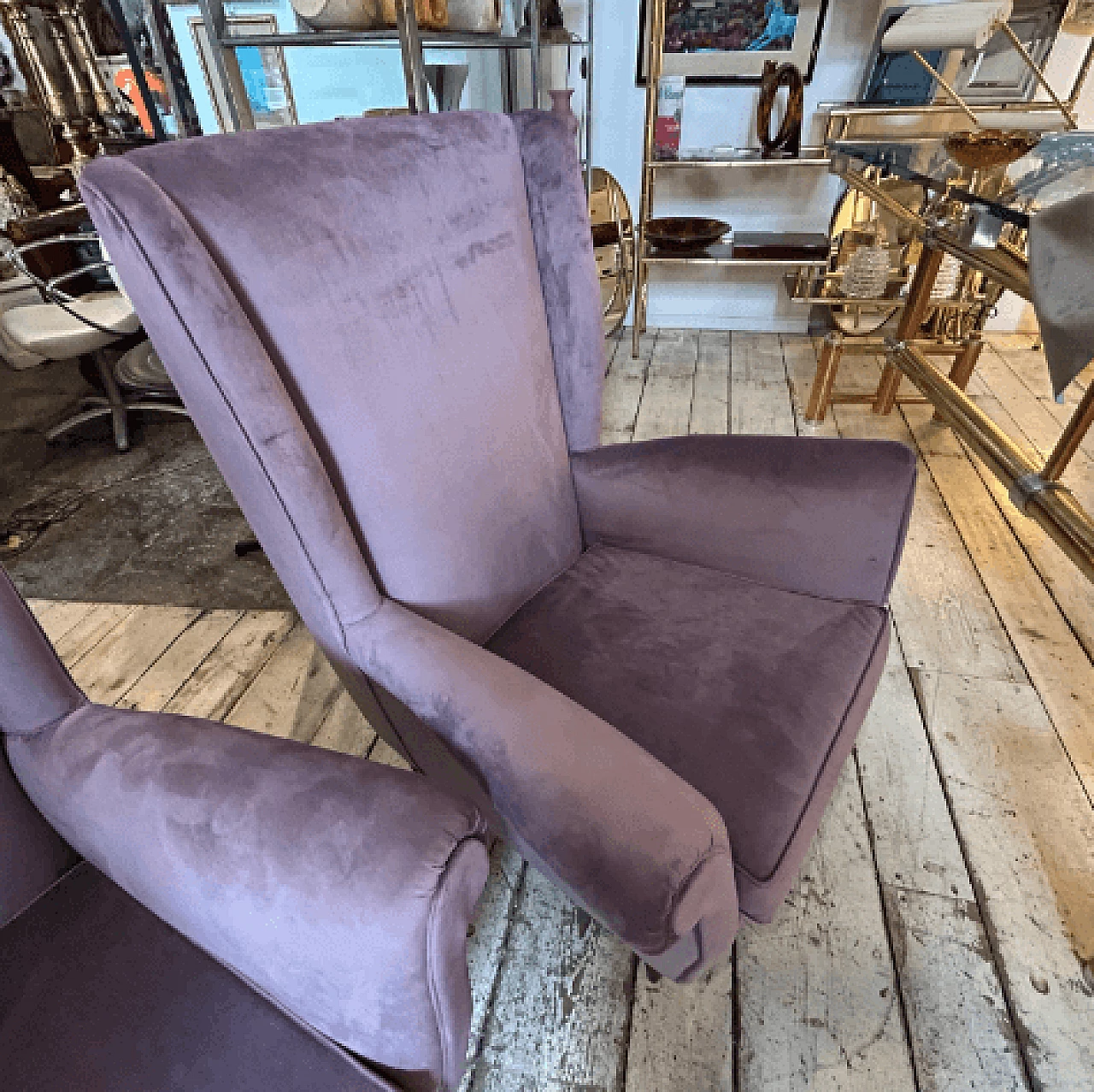 Pair of wood and wisteria velvet 512 armchairs by ISA Bergamo, 1950s 2