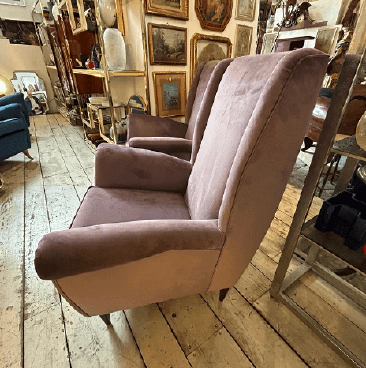 Pair of wood and wisteria velvet 512 armchairs by ISA Bergamo, 1950s 3