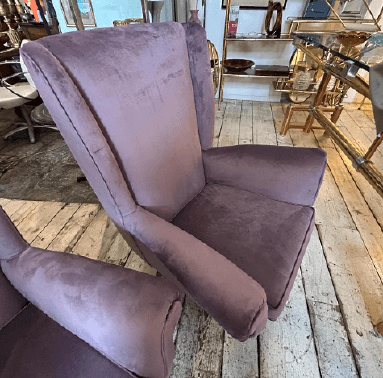 Pair of wood and wisteria velvet 512 armchairs by ISA Bergamo, 1950s 5