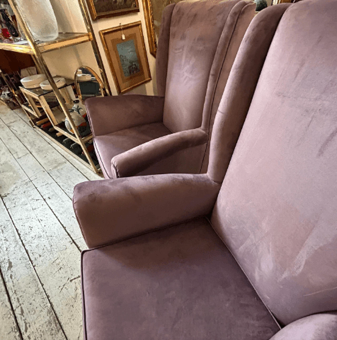 Pair of wood and wisteria velvet 512 armchairs by ISA Bergamo, 1950s 7