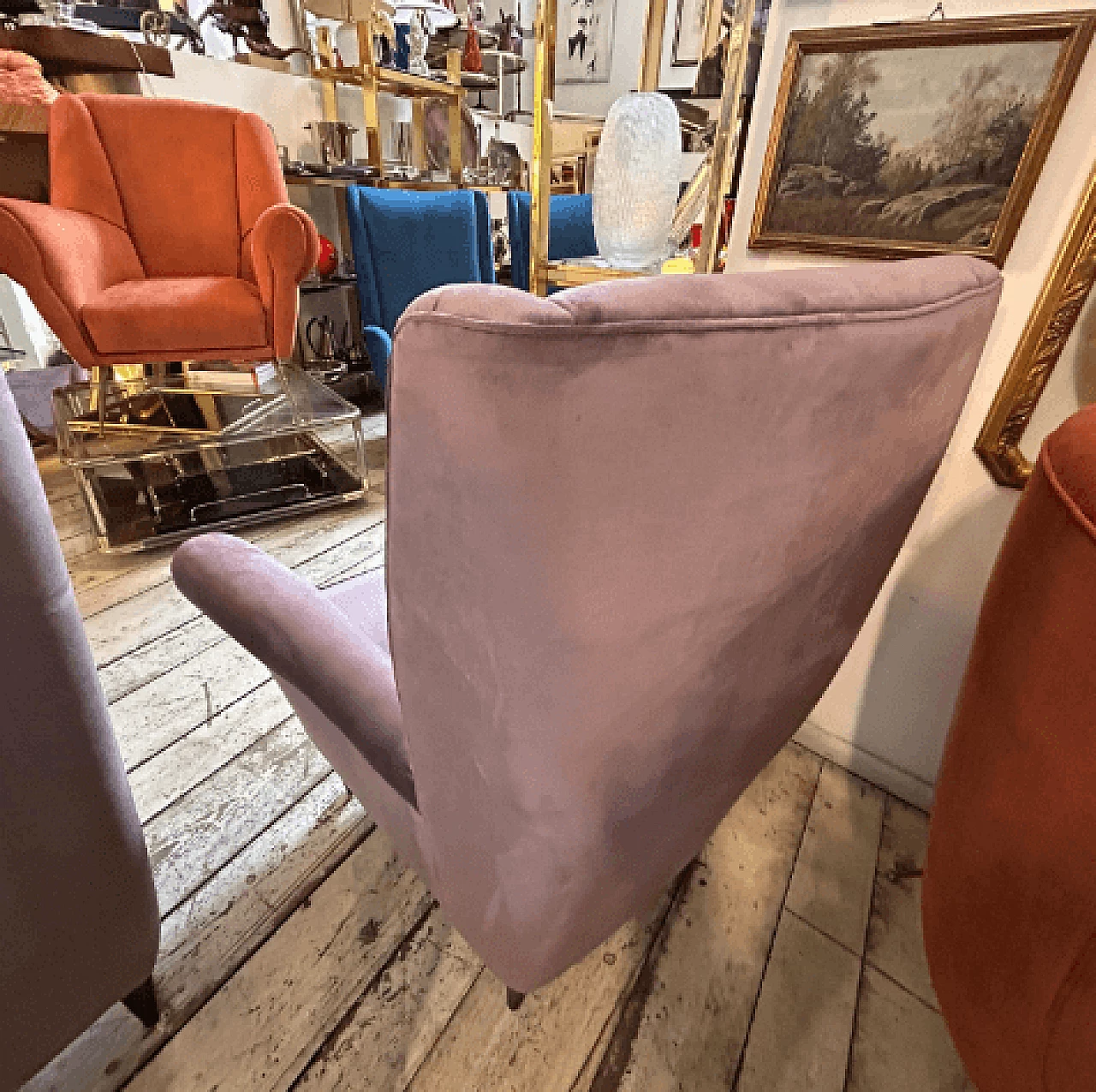 Pair of wood and wisteria velvet 512 armchairs by ISA Bergamo, 1950s 10