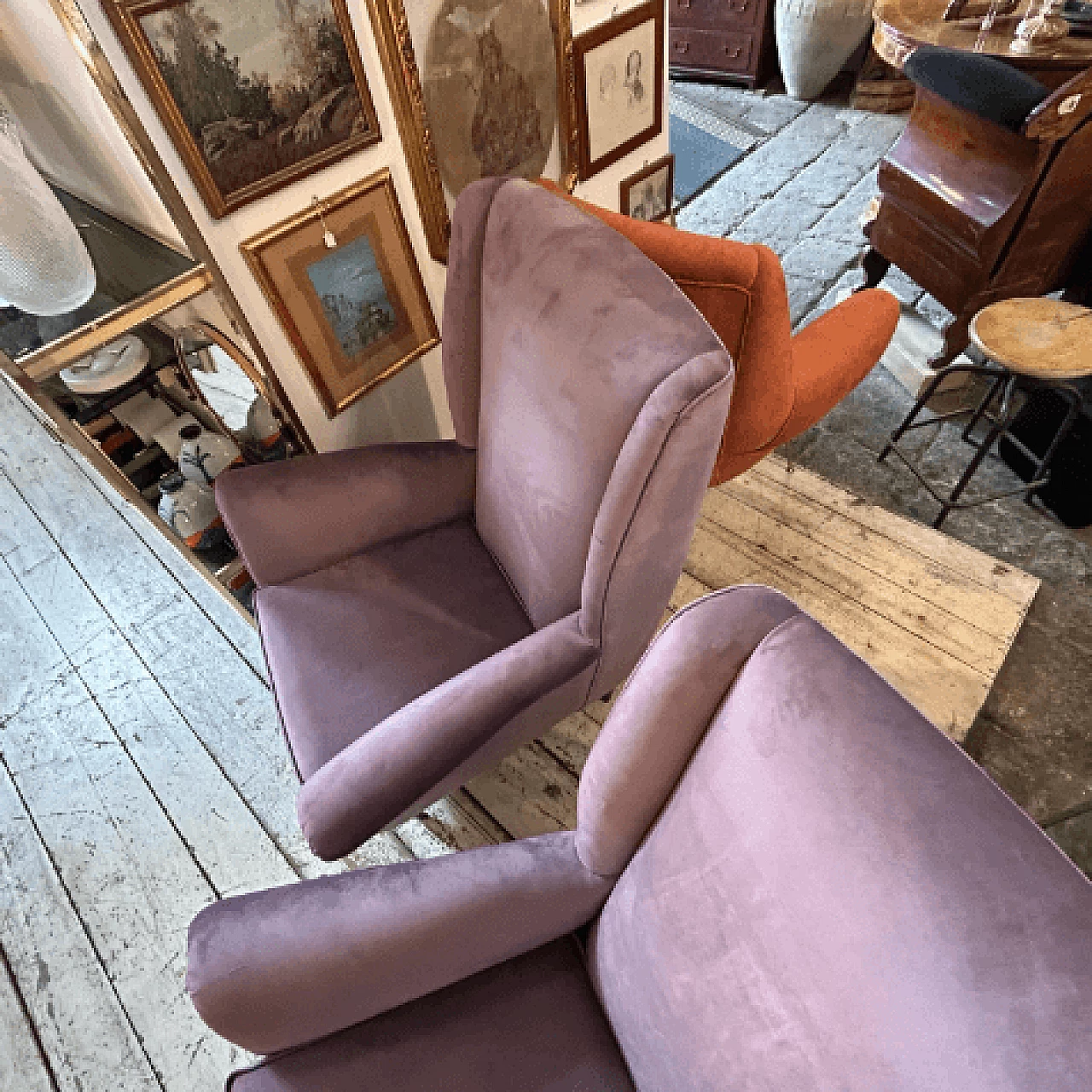 Pair of wood and wisteria velvet 512 armchairs by ISA Bergamo, 1950s 14