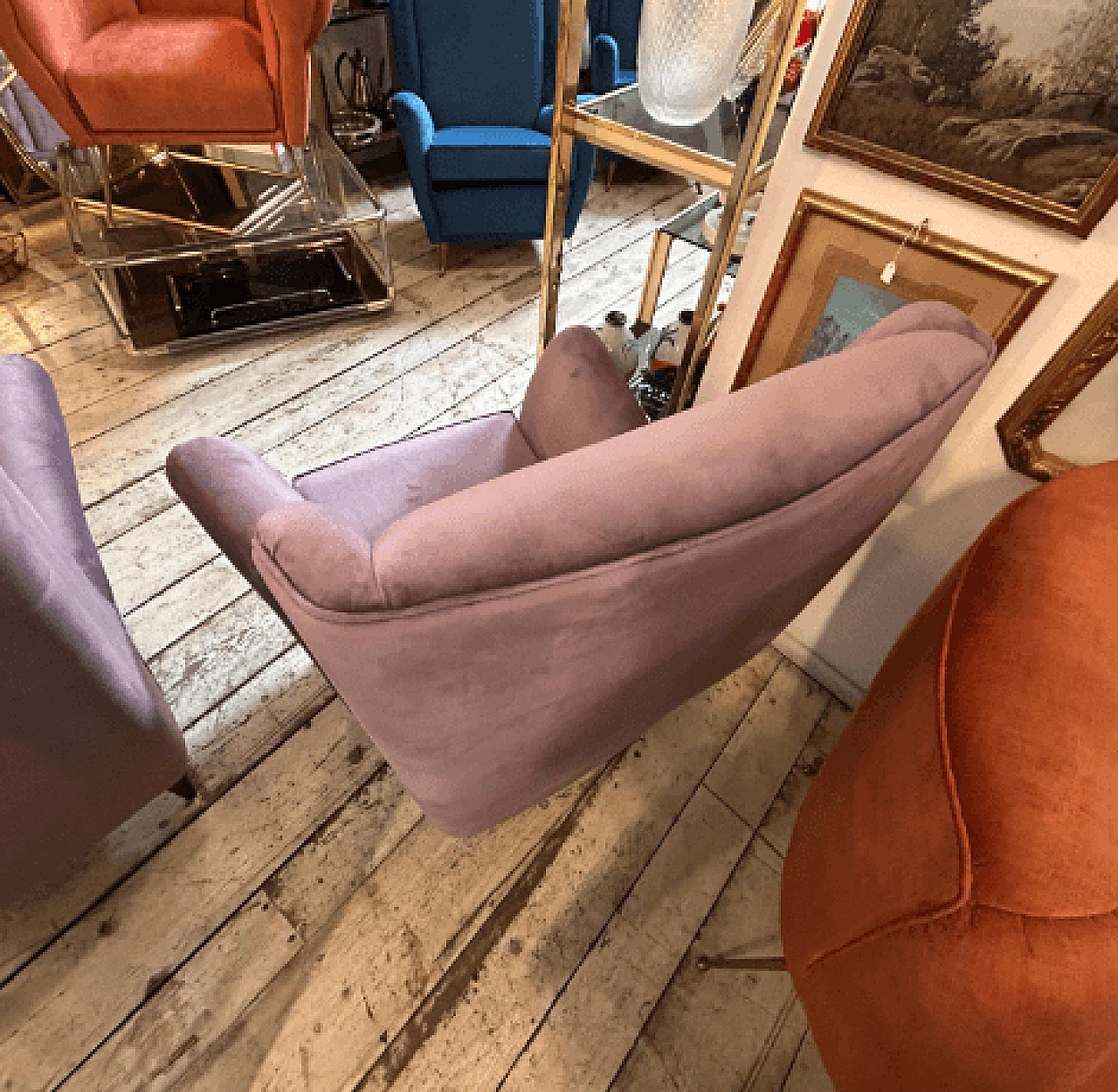 Pair of wood and wisteria velvet 512 armchairs by ISA Bergamo, 1950s 16