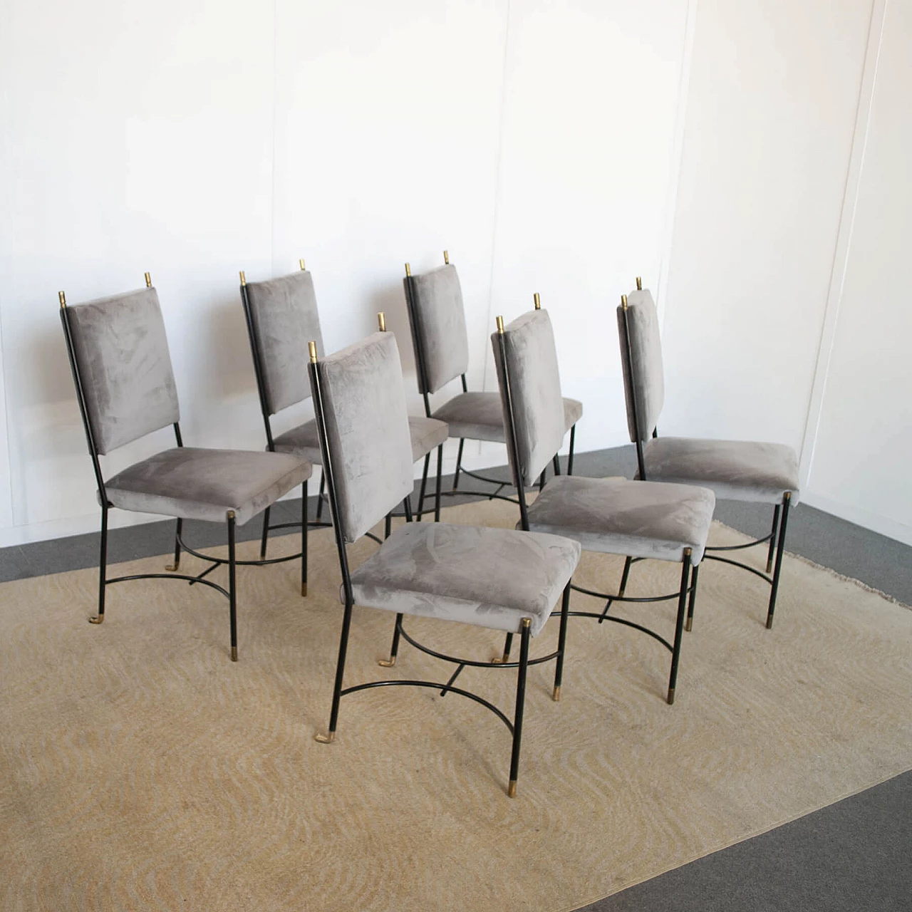 6 Chairs in iron, brass and velvet attributed to Luigi Caccia Dominioni, 1960s 13